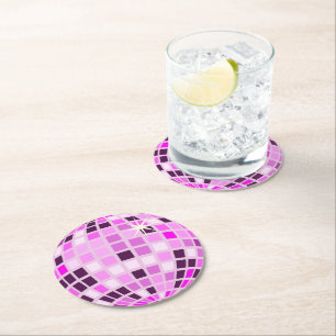 ピンク薄紫パープルレトロモダンディスコボール ラウンドペーパーコースター