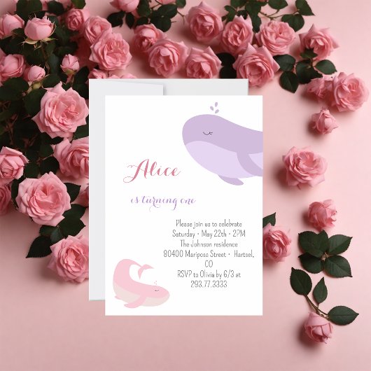 ピンク薄紫ホエールシーフィッシュ1st誕生日パーティー 招待状