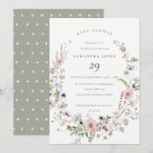 ピンク薄紫ワイルドフラワーリースベビーシャワー招待状 サンキューカード (正面/裏面)