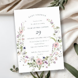 ピンク薄紫ワイルドフラワーリースベビーシャワー招待状 サンキューカード