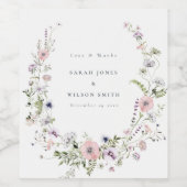 ピンク薄紫ワイルドフラワーリース結婚ズサンキュー ワインラベル (シングルラベル)