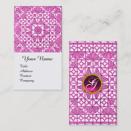 ピンク薄紫幾何学的レースジェムストンモノグラム 名刺 (正面/裏面)