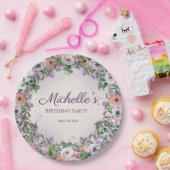 ピンク薄紫紫色の水彩フローラ誕生日 ペーパープレート (パーティー)