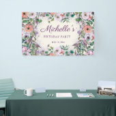 ピンク薄紫紫色の水彩フローラ誕生日 横断幕 (トレードショー)