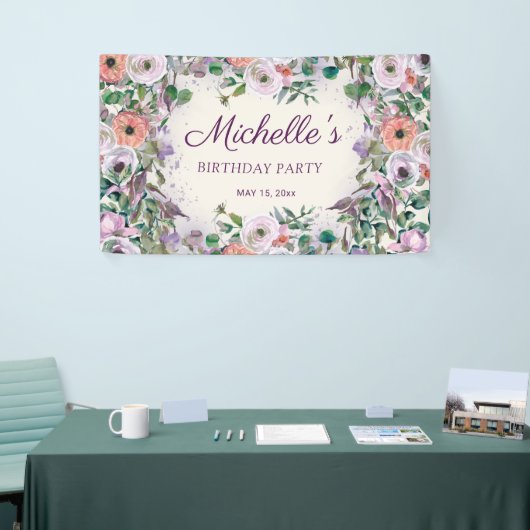 ピンク薄紫紫色の水彩フローラ誕生日 横断幕 (トレードショー)
