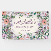 ピンク薄紫紫色の水彩フローラ誕生日 横断幕 (横)