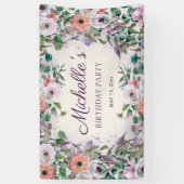 ピンク薄紫紫色の水彩フローラ誕生日 横断幕 (縦)