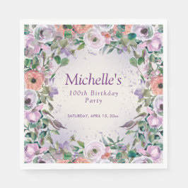ピンク薄紫紫色の水彩フローラ100誕生日 スタンダードランチョンナプキン