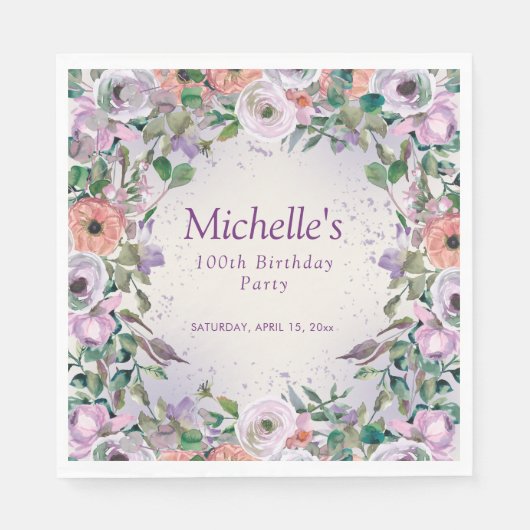 ピンク薄紫紫色の水彩フローラ100誕生日 スタンダードランチョンナプキン (正面)