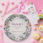 ピンク薄紫紫色の水彩フローラ100誕生日 ペーパープレート (パーティー)