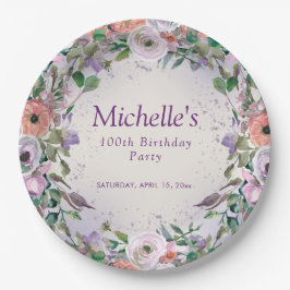 ピンク薄紫紫色の水彩フローラ100誕生日 ペーパープレート