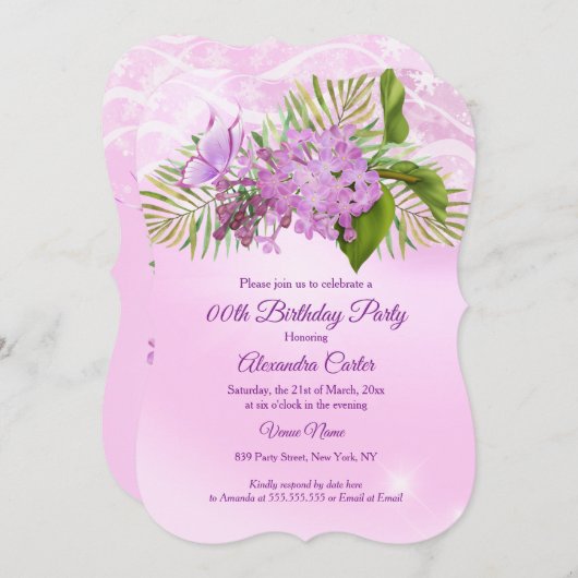 ピンク薄紫蝶フローラかわいらし誕生日パーティー 招待状 (正面/裏面)