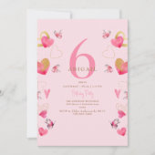ピンク蝶とハート誕生日パーティー 招待状 (正面)