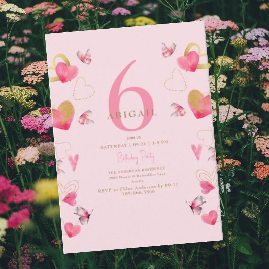 ピンク蝶とハート誕生日パーティー 招待状