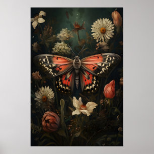 ピンク蝶の植物画、ヴィンテージフラワー ポスター