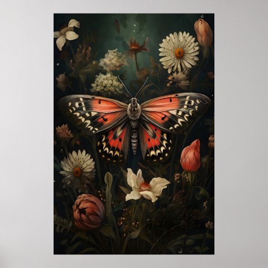 ピンク蝶の植物画、ヴィンテージフラワー ポスター (正面)