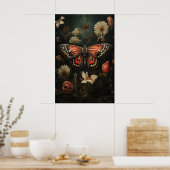 ピンク蝶の植物画、ヴィンテージフラワー ポスター (キッチン)