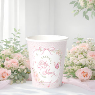 ピンク蝶の花のリボン ベビーシャワー 紙コップ