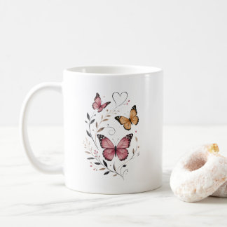 ピンク蝶の花の植物デザイン コーヒーマグカップ