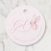 ピンク蝶ガールベビーシャワーメッセージカード フェイバータグ (正面)