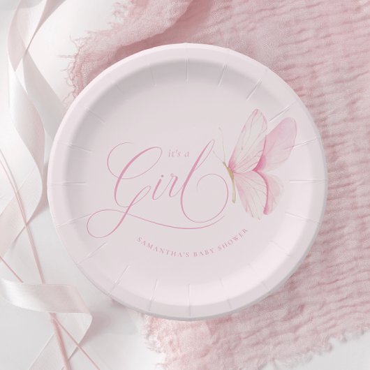 ピンク蝶ガールベビーシャワー紙プレート ペーパープレート