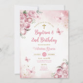 ピンク蝶ガール2nd誕生日バプテスマの花 招待状 (正面)