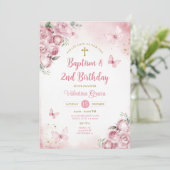 ピンク蝶ガール2nd誕生日バプテスマの花 招待状 (スタンド正面)