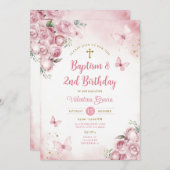 ピンク蝶ガール2nd誕生日バプテスマの花 招待状 (正面/裏面)