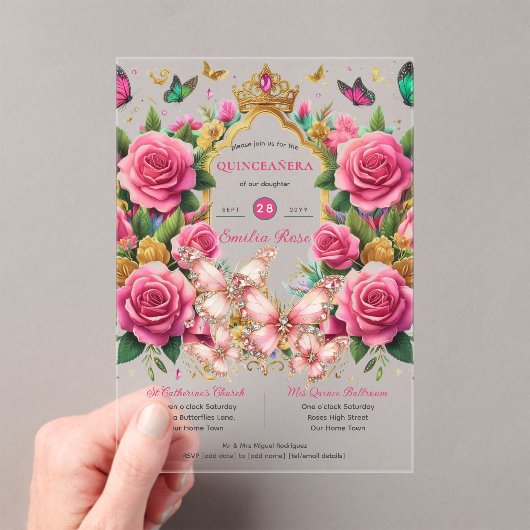 ピンク蝶キンセアニェラティアラフローラバラ アクリル招待状 (インサイチュ (ポータブル))