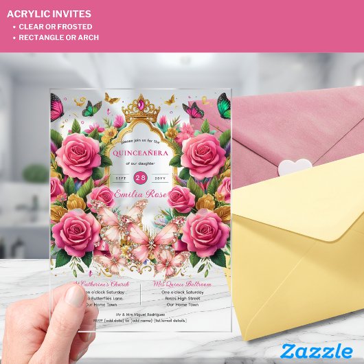 ピンク蝶キンセアニェラティアラフローラバラ アクリル招待状