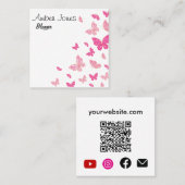 ピンク蝶ソーシャルメディアQRコード スクエア名刺 (正面/裏面)