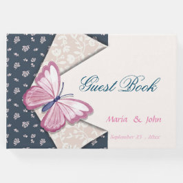 ピンク蝶ネイビーブルーフローラゲストブック ゲストブック