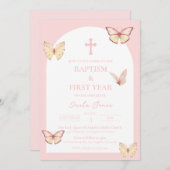ピンク蝶ファースト誕生日バプテスマ招待状 招待状 (正面/裏面)