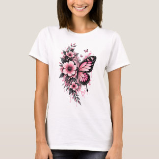 ピンク蝶フラワーのTシャツ|フェミニンな花柄 Tシャツ