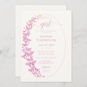 ピンク蝶フレーム金ゴールドシックな女の子ベビーシャワー 招待状 (正面/裏面)