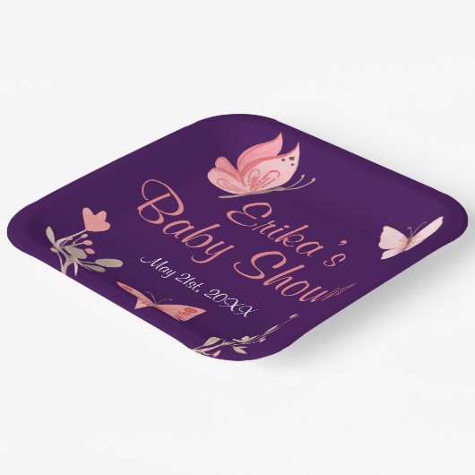 ピンク蝶フローラ紫ベビーシャワー ペーパープレート (傾斜あり)