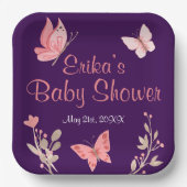 ピンク蝶フローラ紫ベビーシャワー ペーパープレート (正面)