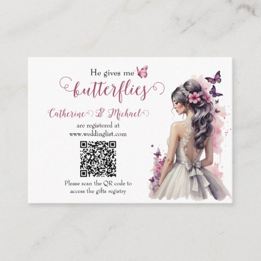 ピンク蝶フローラ結婚ズガウンブライダルシャワー エンクロージャーカード (正面)