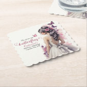 ピンク蝶フローラ結婚ズガウンブライダルシャワー ペーパーコースター (アングル)