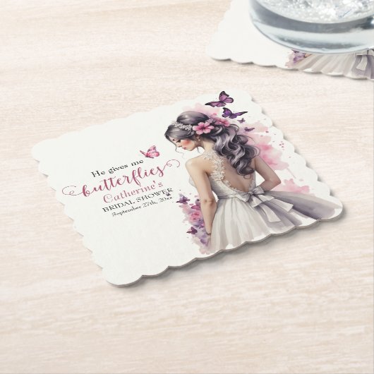 ピンク蝶フローラ結婚ズガウンブライダルシャワー ペーパーコースター (アングル)