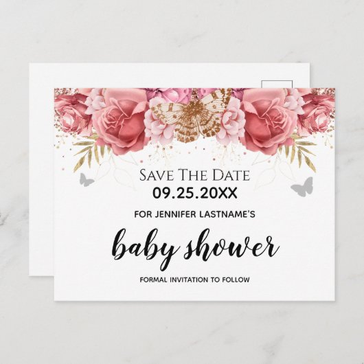 ピンク蝶フローラ赤ちゃんシャワー日付を保存 ポストカード (正面/裏面)