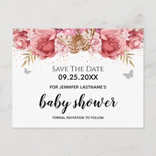 ピンク蝶フローラ赤ちゃんシャワー日付を保存 ポストカード (正面)