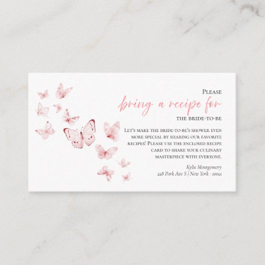 ピンク蝶ブライダルシャワーレシピリクエストカード エンクロージャーカード (正面)