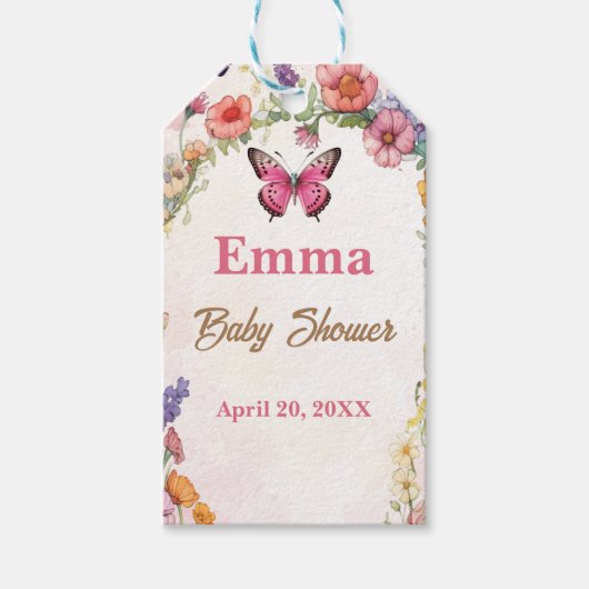ピンク蝶ベビーシャワーフローラガーデン ギフトタグ (正面)