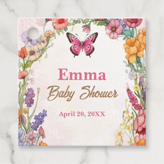 ピンク蝶ベビーシャワーフローラガーデン フェイバータグ (正面)
