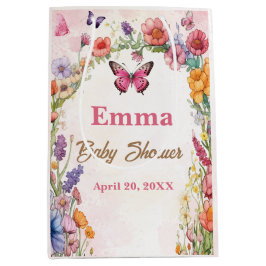 ピンク蝶ベビーシャワーフローラガーデン ミディアムペーパーバッグ