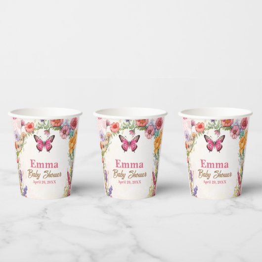 ピンク蝶ベビーシャワーフローラガーデン 紙コップ (複数)