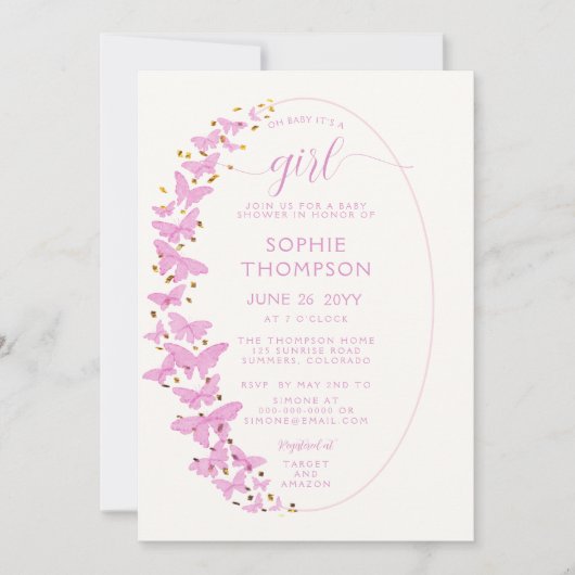 ピンク蝶ボホフレーム金ゴールドガールベビーシャワー 招待状 (正面)