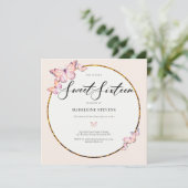 ピンク蝶ボーホ金ゴールドフレームガーリースウィート16 招待状 (スタンド正面)