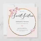 ピンク蝶ボーホ金ゴールドフレームガーリースウィート16 招待状 (正面)